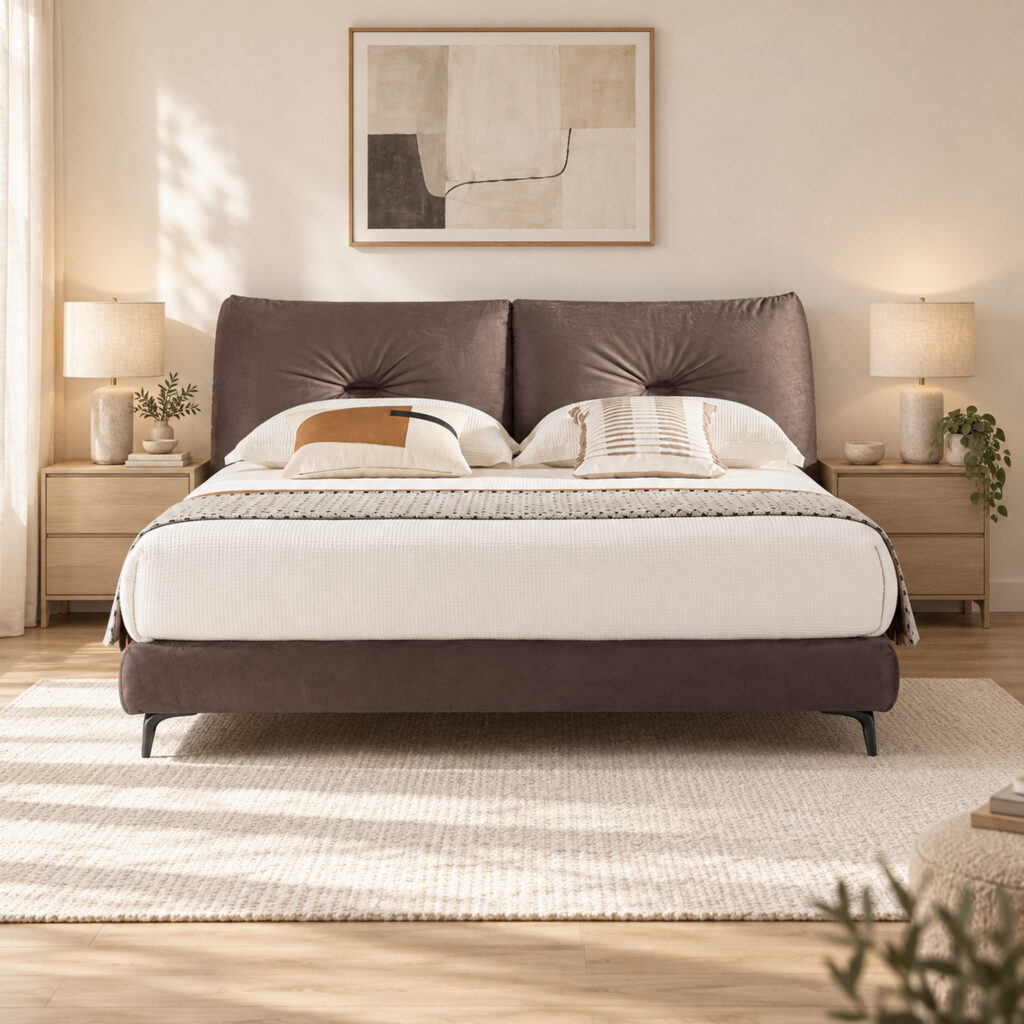 Vesper Upholstered Bed Frame with Twin Tufted Headboard - King — ivory bedroom with oak bedside cabinets; mattress, bedding and furnishings not included