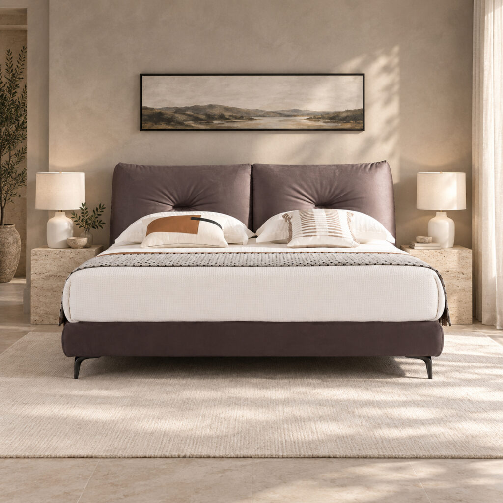 Vesper Upholstered Bed Frame with Twin Tufted Headboard - King — warm-grey bedroom with stone tables; mattress, bedding and furnishings not included