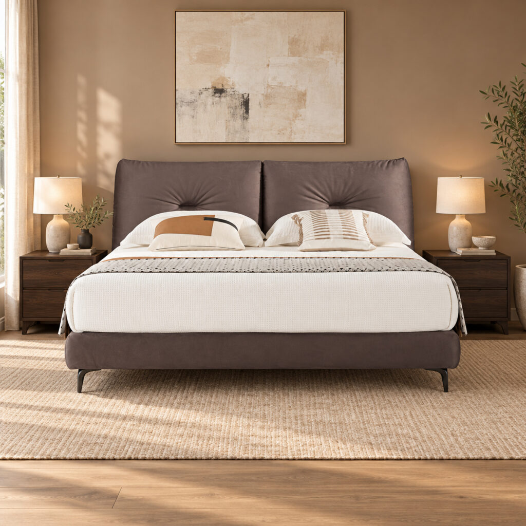 Vesper Upholstered Bed Frame with Twin Tufted Headboard - King — clay bedroom with dark wood tables; mattress, bedding and furnishings not included