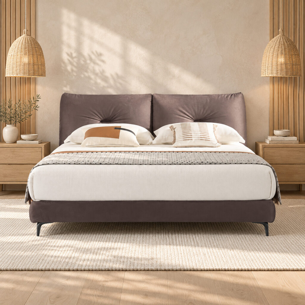 Vesper Upholstered Bed Frame with Twin Tufted Headboard - King — pale sand bedroom with oak wall accents; mattress, bedding and furnishings not included