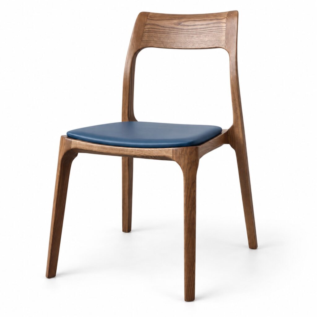 Walnut Ash & Blue Leather Dining Chair — studio product view