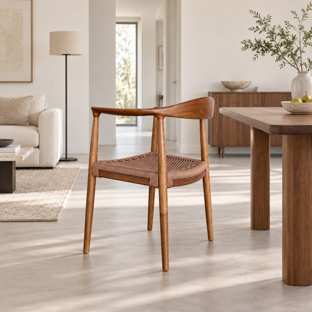 TPZ-022B Walnut Ash & Coffee Cord Dining Armchair — styled room view 1