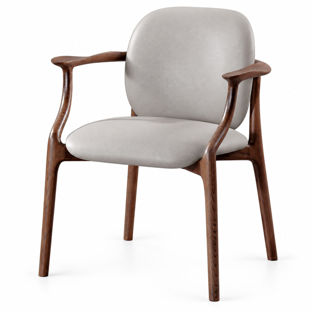 Grey PU Dining Armchair with Curved Brown Frame — studio product view