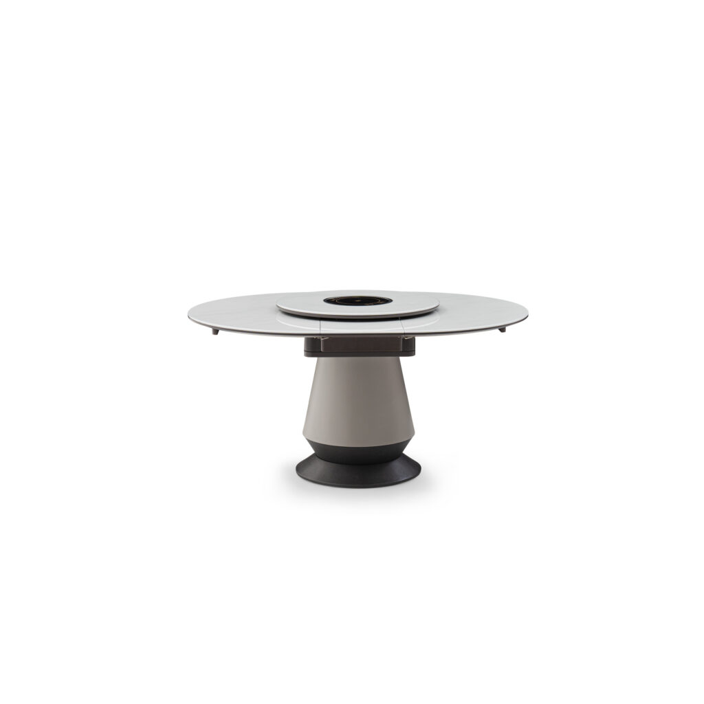 Supplier view of the white rotating-leaf extendable dining table in the shown wide configuration, with centre insert and pedestal base.