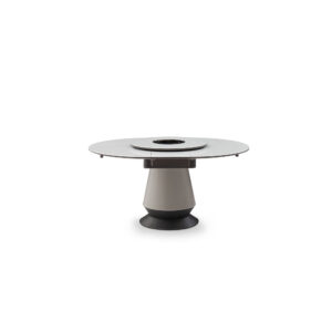 Supplier view of the white rotating-leaf extendable dining table in the shown wide configuration, with centre insert and pedestal base.