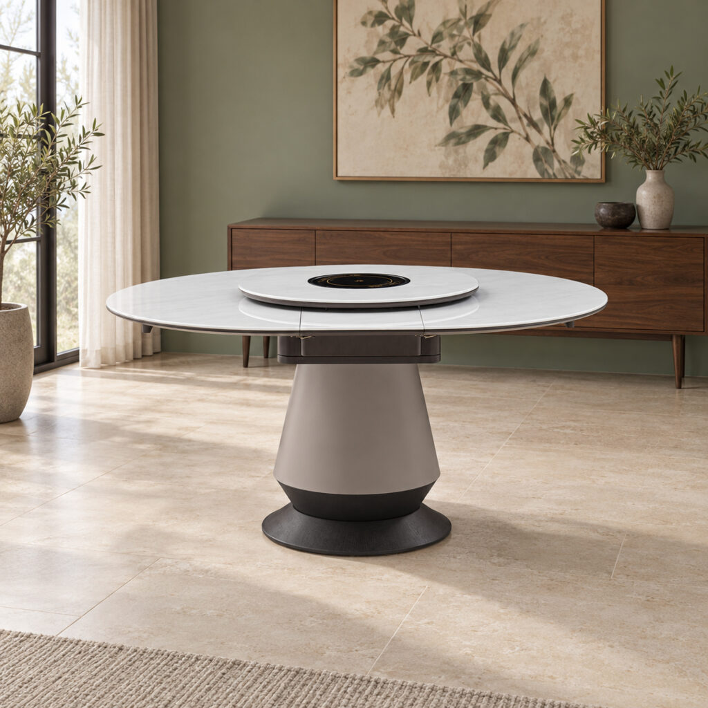 White Rotating-Leaf Extendable Dining Table in a sage-accented dining space; room furnishings are staging only and are not included.