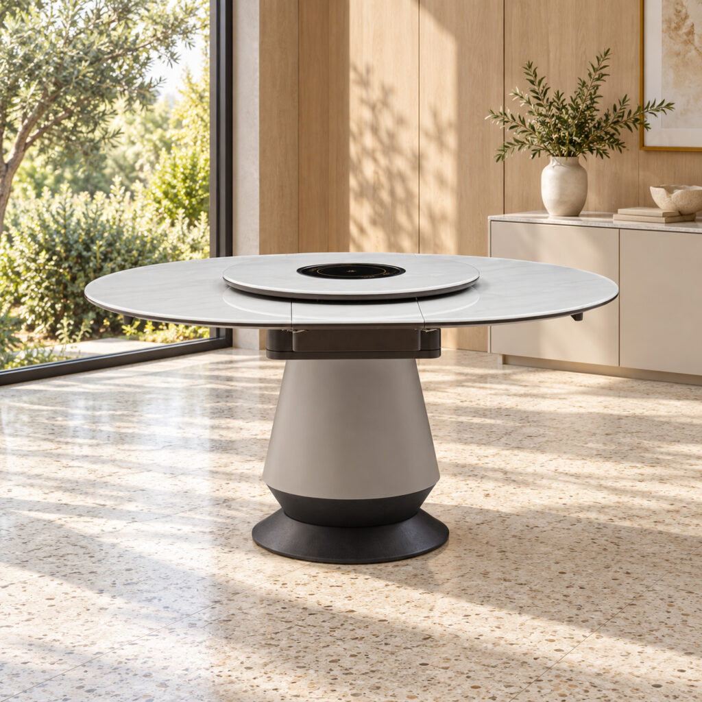 White Rotating-Leaf Extendable Dining Table in a sunlit timber-panelled breakfast room; room furnishings are staging only and are not included.