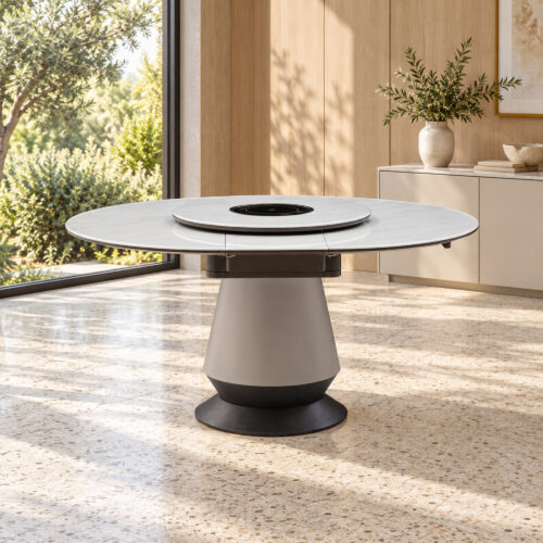 White Rotating-Leaf Extendable Dining Table in a sunlit timber-panelled breakfast room; room furnishings are staging only and are not included.