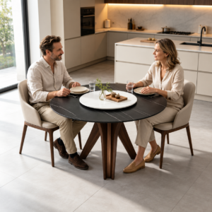Round black dining table with white Lazy Susan, shown with two people in a kitchen setting