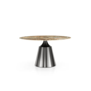 Supplier side view of the sandy round dining table showing its thin top and flared stainless steel pedestal.