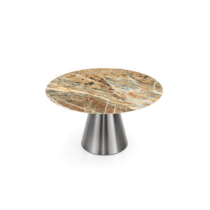 Supplier elevated view of the sandy veined round dining tabletop and stainless steel pedestal base.