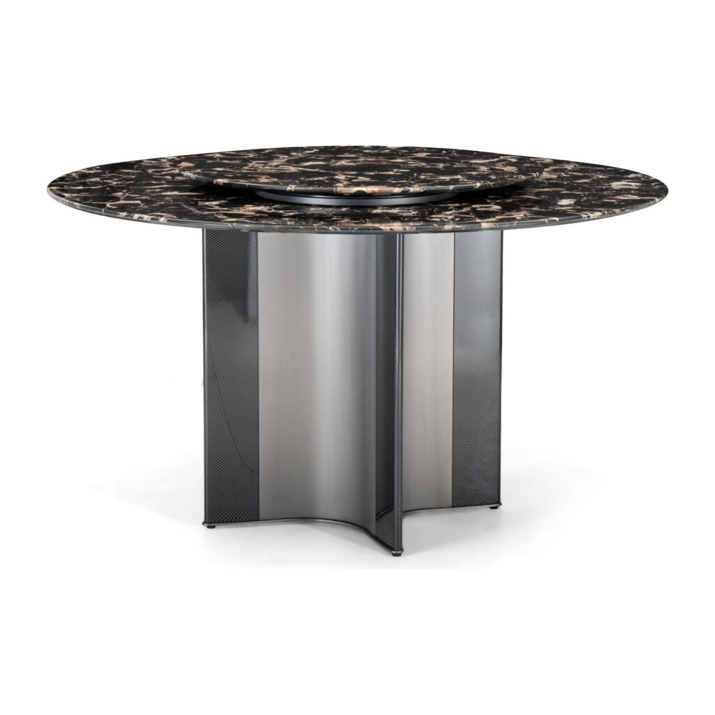 Orion Black Marble Round Dining Table with Sculptural Steel Pedestal — supplier studio view