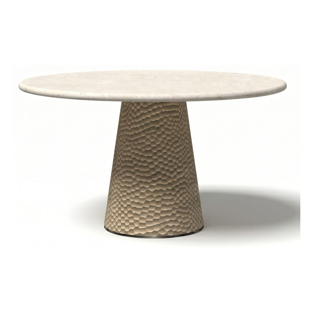 Ivory Sintered Stone Round Dining Table with Textured Pedestal — supplier studio view showing the complete product