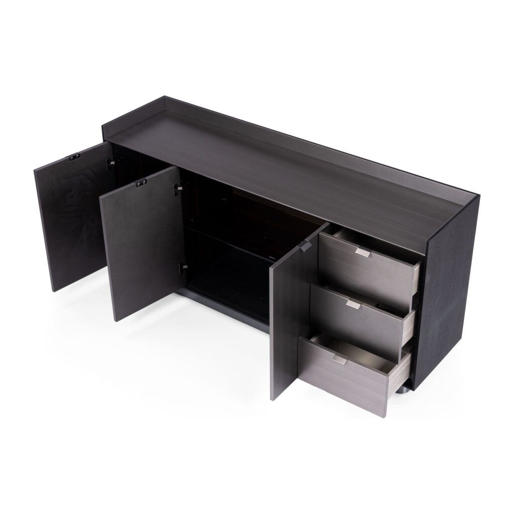 Black Wood-Veneer Three-Door Sideboard with Three Drawers — supplier view with cabinet doors and drawers open