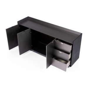 Black Wood-Veneer Three-Door Sideboard with Three Drawers — supplier view with cabinet doors and drawers open