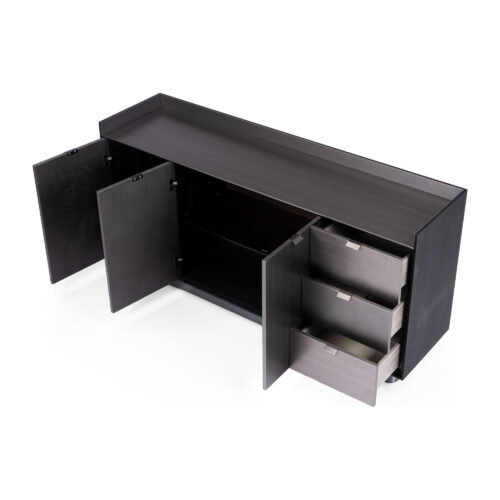 Black Wood-Veneer Three-Door Sideboard with Three Drawers — supplier view with cabinet doors and drawers open