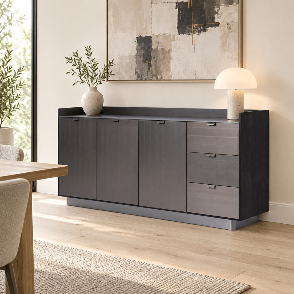 Black Wood-Veneer Three-Door Sideboard with Three Drawers — styled interior scene 1