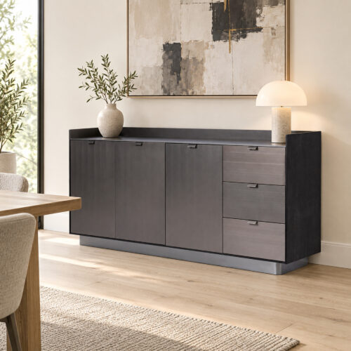 Black Wood-Veneer Three-Door Sideboard with Three Drawers — styled interior scene 1