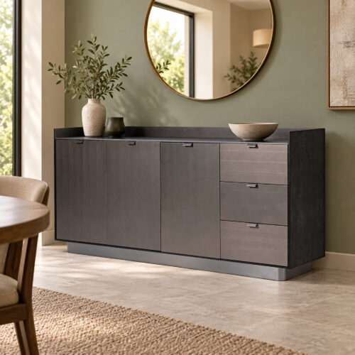 Black Wood-Veneer Three-Door Sideboard with Three Drawers — styled interior scene 2