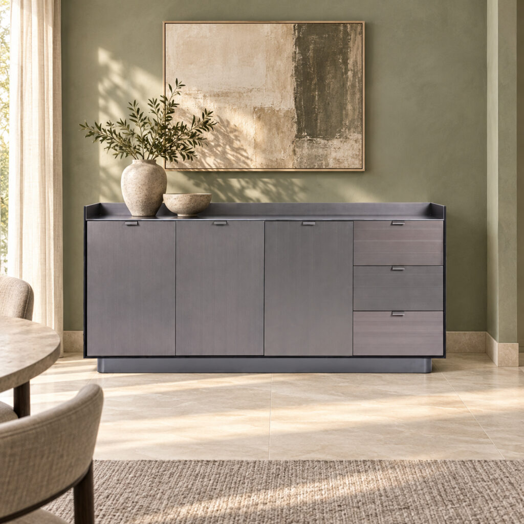Black Wood-Veneer Three-Door Sideboard with Three Drawers — straight front view in a styled interior