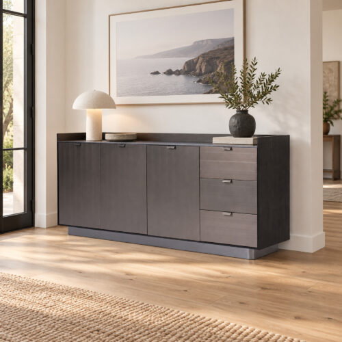 Black Wood-Veneer Three-Door Sideboard with Three Drawers — styled interior scene 4
