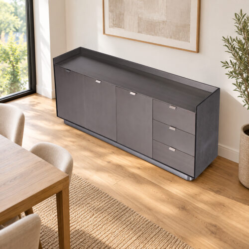 Black Wood-Veneer Three-Door Sideboard with Three Drawers — elevated three-quarter view in a styled interior