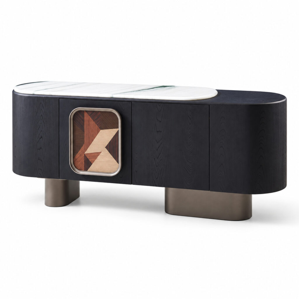 Black Sideboard with Artificial-Marble Top and Geometric Inset — studio product view