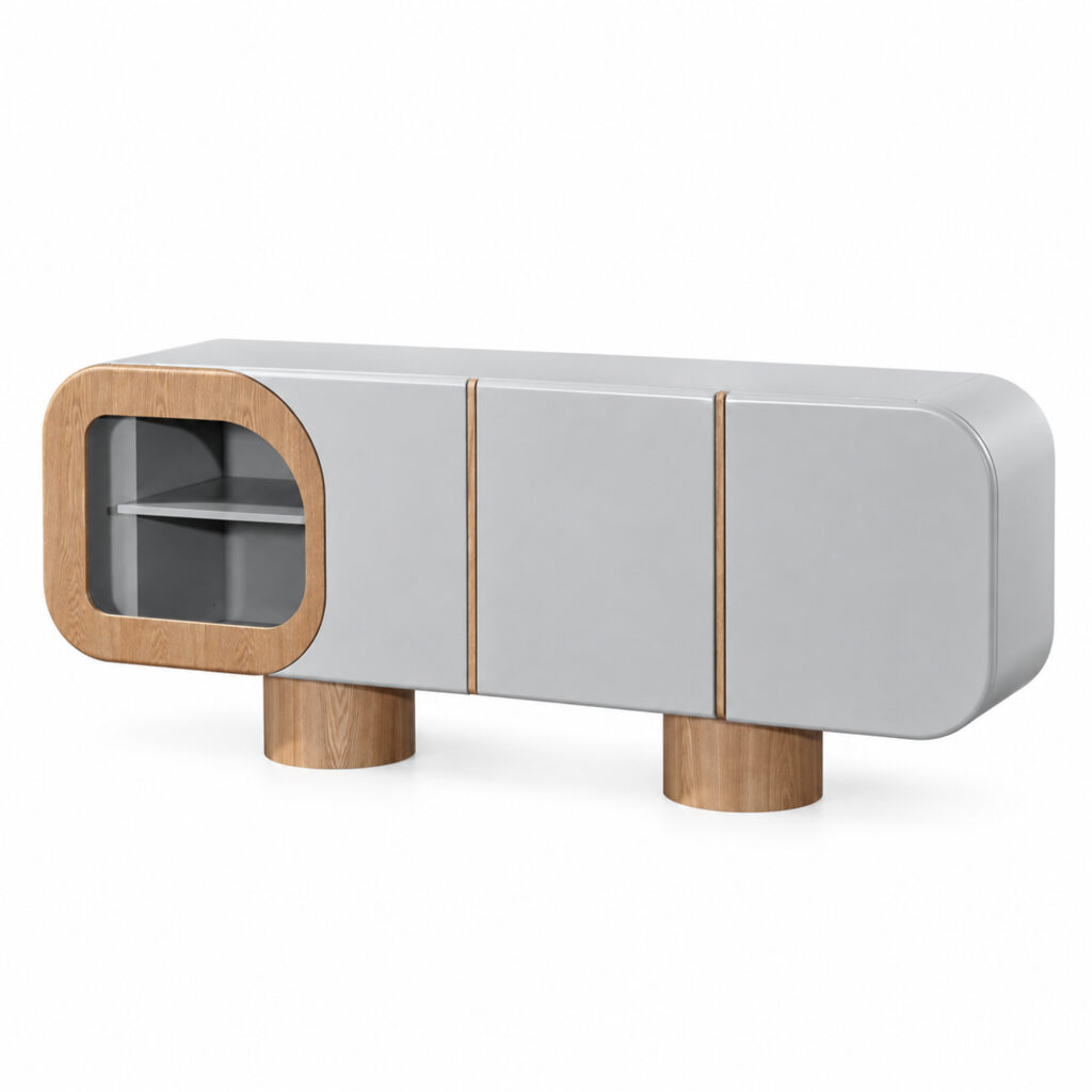 Grey Sideboard with Rounded Wood-Tone Display Door — studio product view