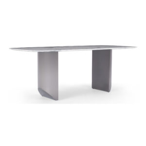 White Veined Sintered Stone Dining Table with Blade Supports — supplier studio view showing the complete product