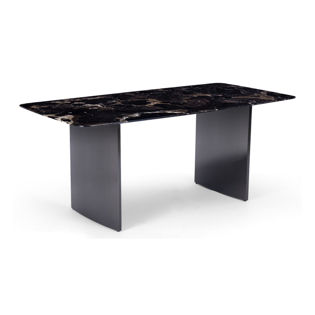 Black Veined Sintered Stone Dining Table with Blade Supports — supplier studio view showing the complete product