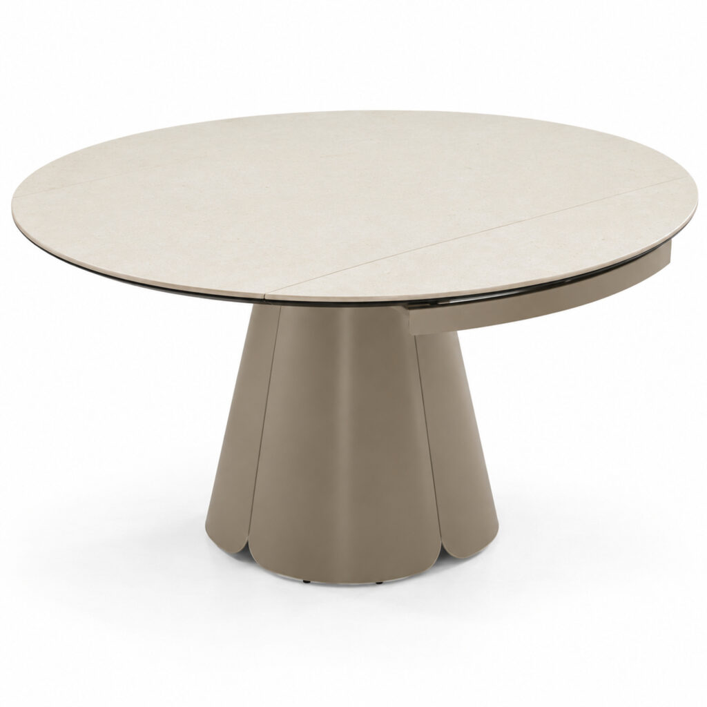 Khaki Sintered-Stone Dining Table with Sculpted Metal Base — studio product view