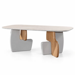 Grey Sintered-Stone Dining Table with Sculptural Wood-Tone Supports — studio product view