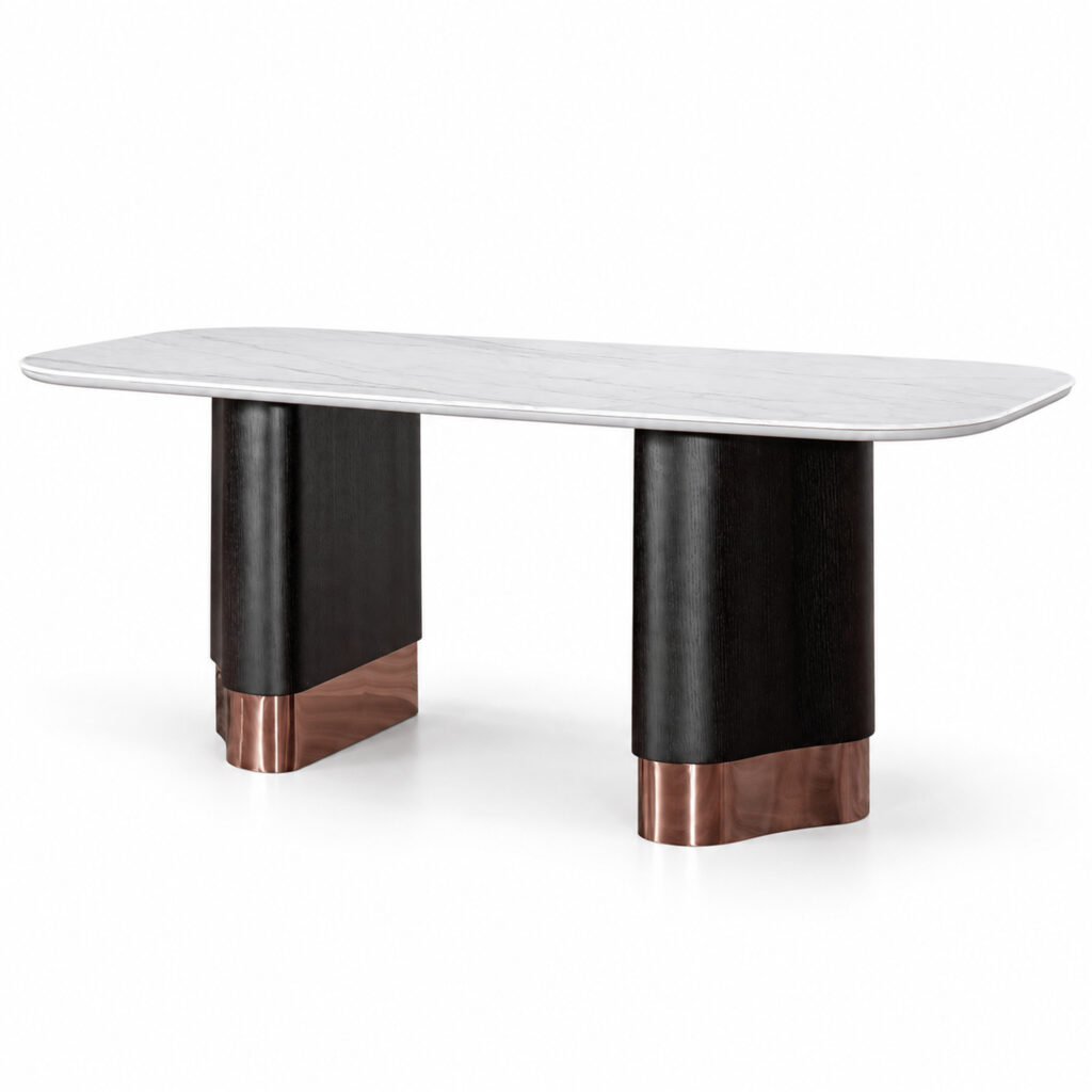 Black and White Dining Table with Banded Pedestal Supports — studio product view