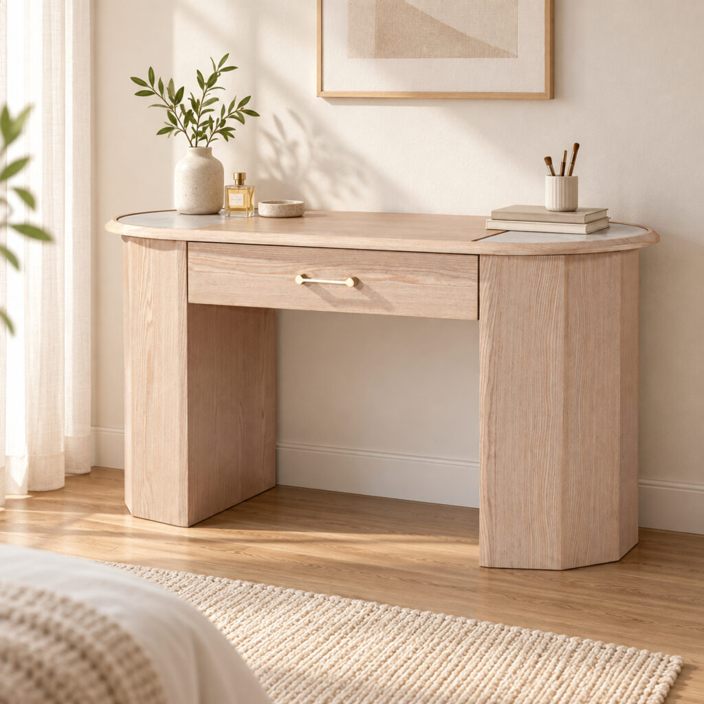 Natural Wood-Tone Desk with Sintered-Stone Top — styled room view 1