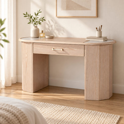 Natural Wood-Tone Desk with Sintered-Stone Top — styled room view 1