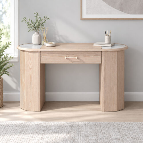 Natural Wood-Tone Desk with Sintered-Stone Top — styled room view 2
