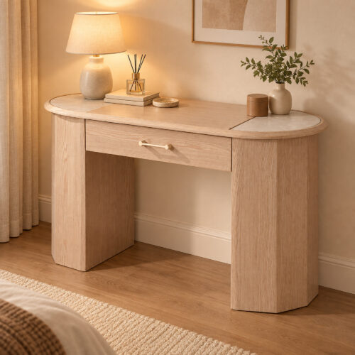 Natural Wood-Tone Desk with Sintered-Stone Top — styled room view 3