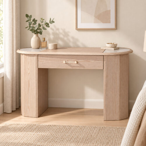 Natural Wood-Tone Desk with Sintered-Stone Top — styled room view 4