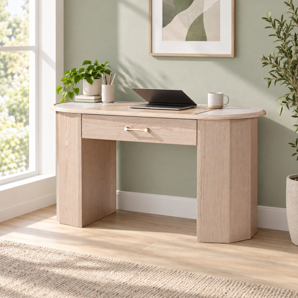 Natural Wood-Tone Desk with Sintered-Stone Top — styled room view 5