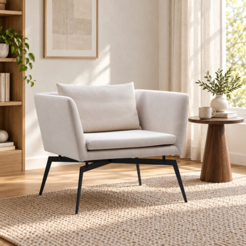 Arden Cream Tech-Fabric Accent Chair with Carbon-Steel Legs — styled interior scene 1