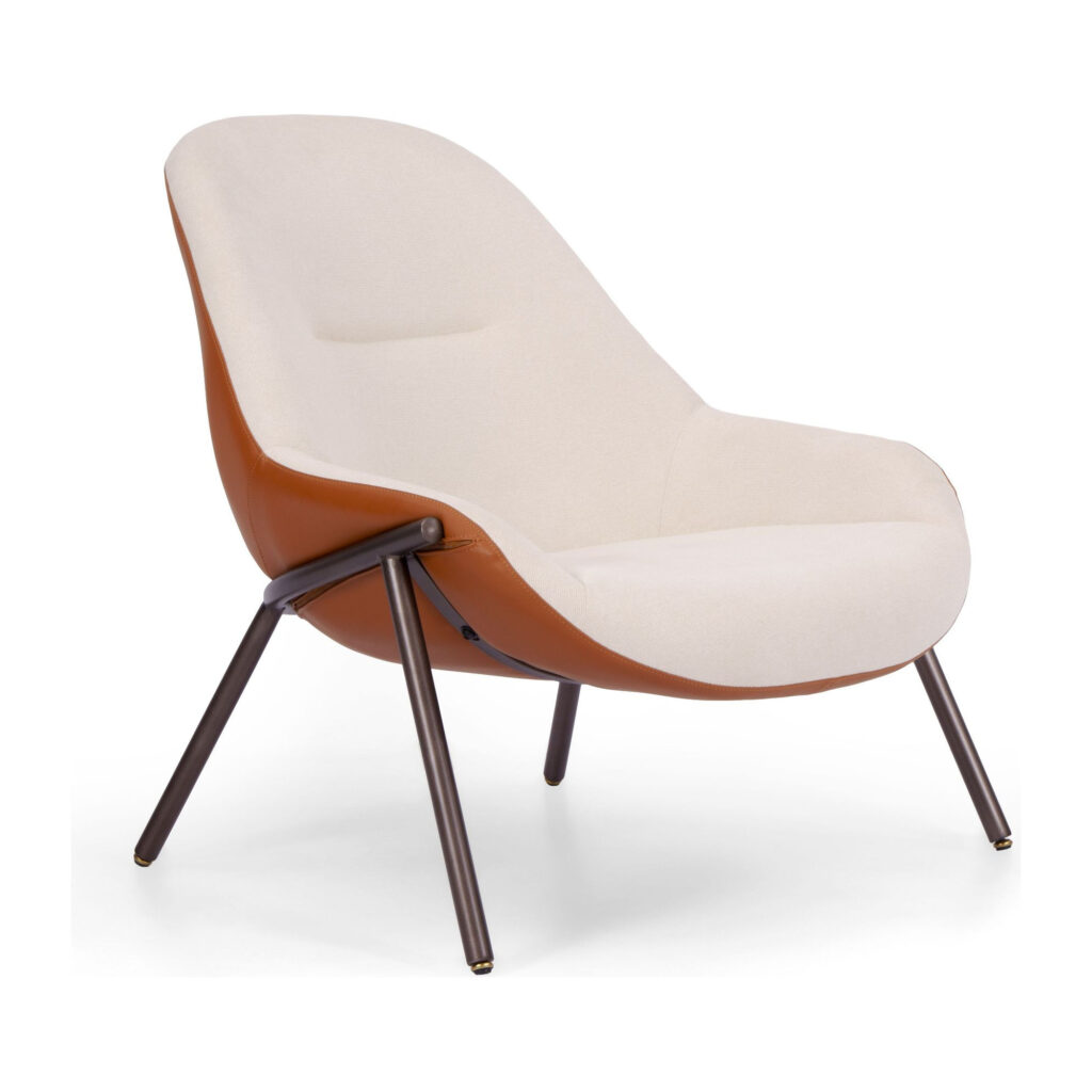 Beige Shell-Back Accent Chair with Fabric and PVC Upholstery — supplier studio view