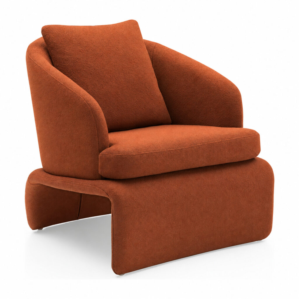 Rylan Camel Fabric Lounge Chair with Sculptural Upholstered Supports — supplier studio view