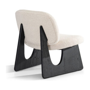 White Fabric Accent Chair with Black Ash-Wood Arch Supports — studio rear three-quarter view