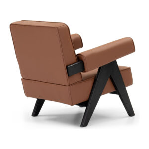 Brown PVC Bolster-Arm Accent Chair with Black Ash-Wood Legs — studio rear view