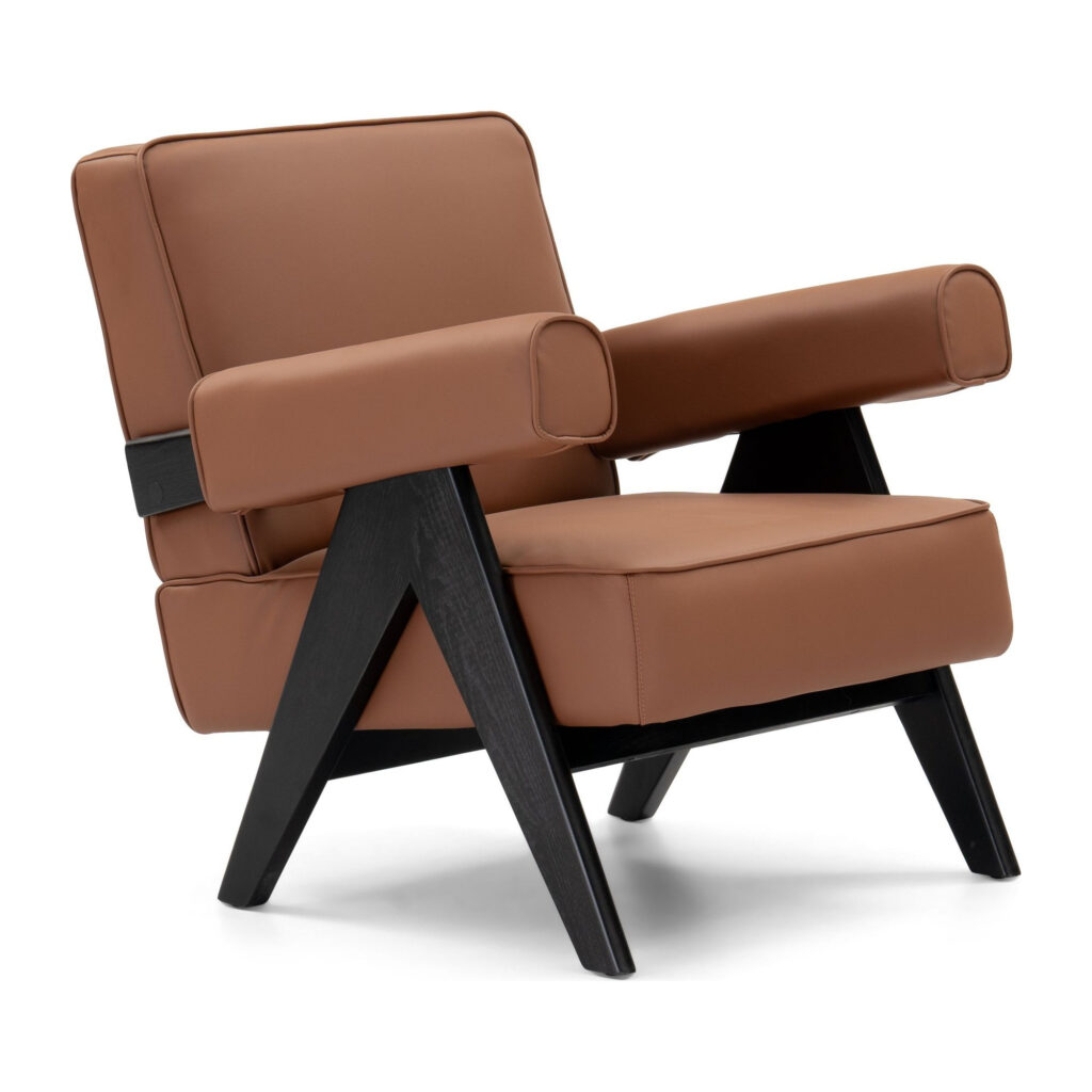 Brown PVC Bolster-Arm Accent Chair with Black Ash-Wood Legs — studio three-quarter view