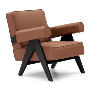 Brown PVC Bolster-Arm Accent Chair with Black Ash-Wood Legs — studio three-quarter view