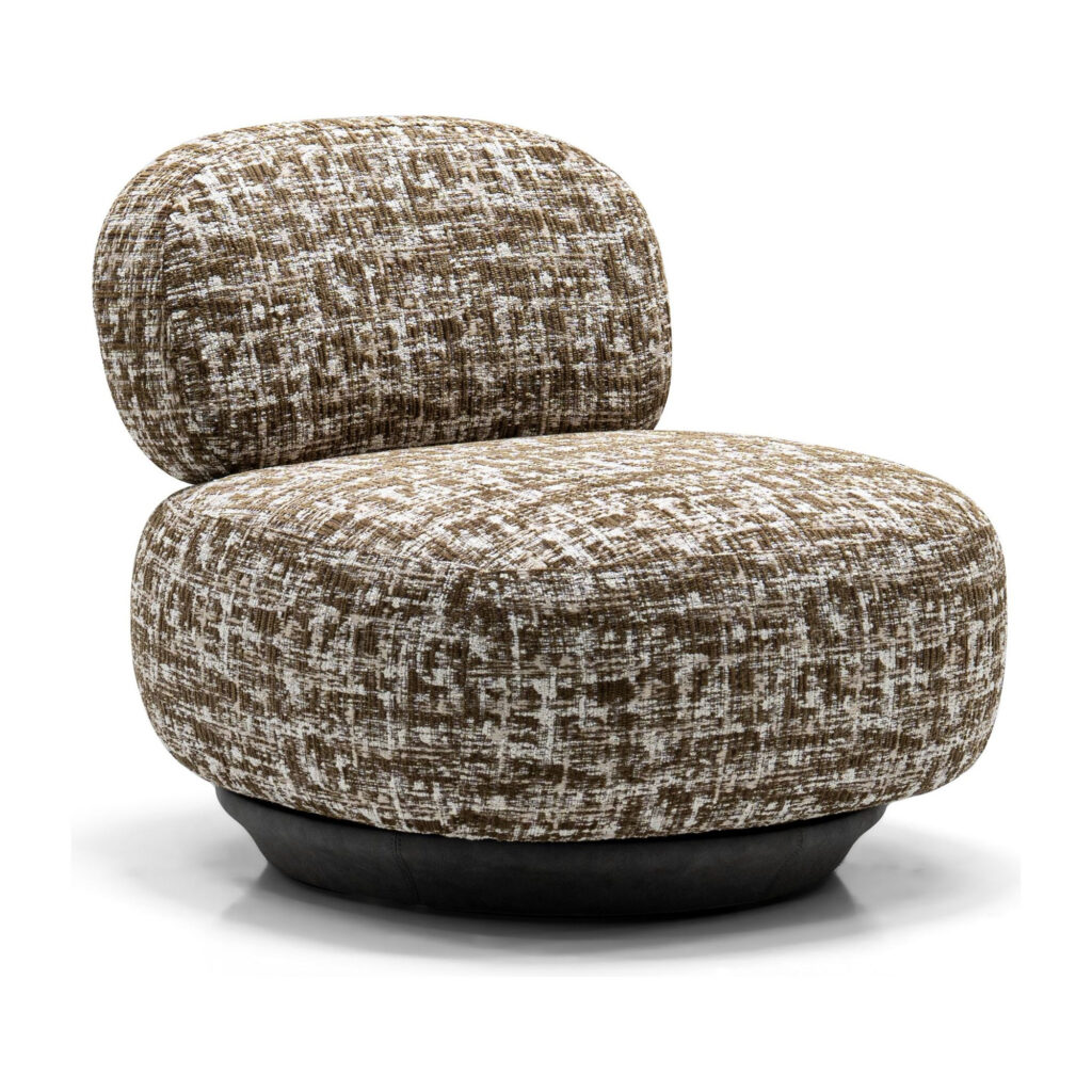 Camel Patterned Fabric Accent Chair with Rounded Back and Metal Base — studio three-quarter view