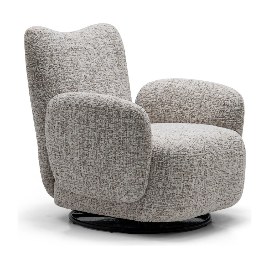 Beige Woven-Fabric Swivel Accent Chair with Sculpted Back — studio three-quarter view