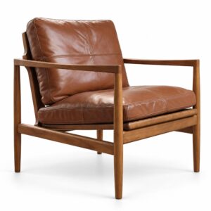 Caramel Leather Lounge Chair with Straight Ash Arms — studio product view