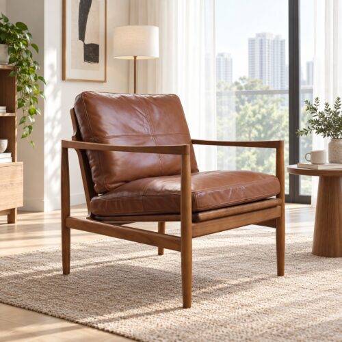 Caramel Leather Lounge Chair with Straight Ash Arms — styled room view 1